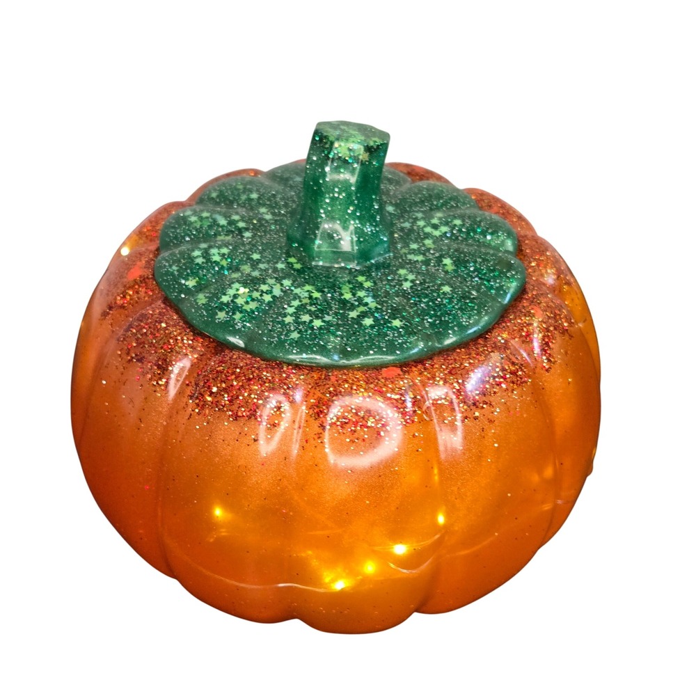 Handmade Resin Pumpkin with Fairy Lights Orange Green Glitter Halloween Decor